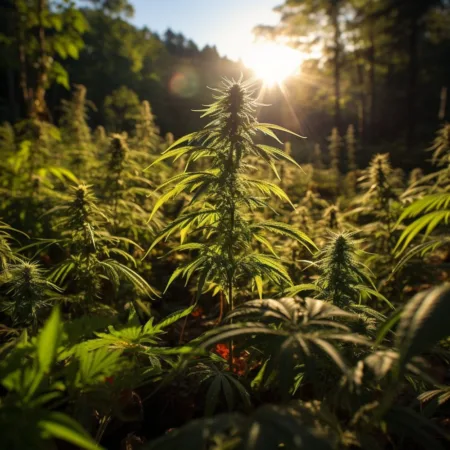 An exquisite cannabis garden bathed in golden sunlight - Medical Marijuana Homegrow culture in New Hampshire.