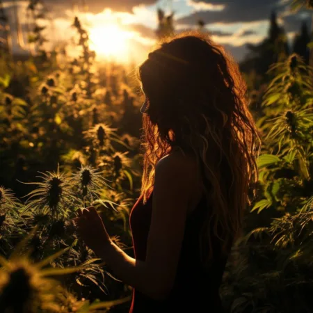 An individual from New York's medical marijuana program among thriving cannabis plants.