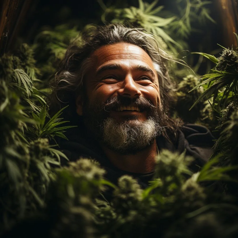 Close-up of Ohio resident celebrating marijuana access and expungement law, surrounded by cannabis plants