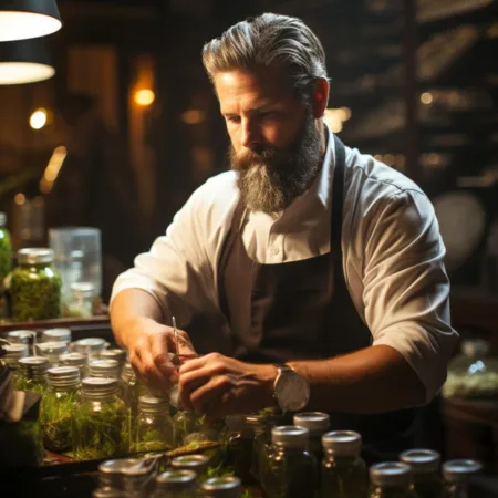 A Georgia pharmacist expertly handles medical cannabis products in a professional dispensary. Cannabis News by LeafyLeaks.com, AI-generated image for Leafy Leaks.