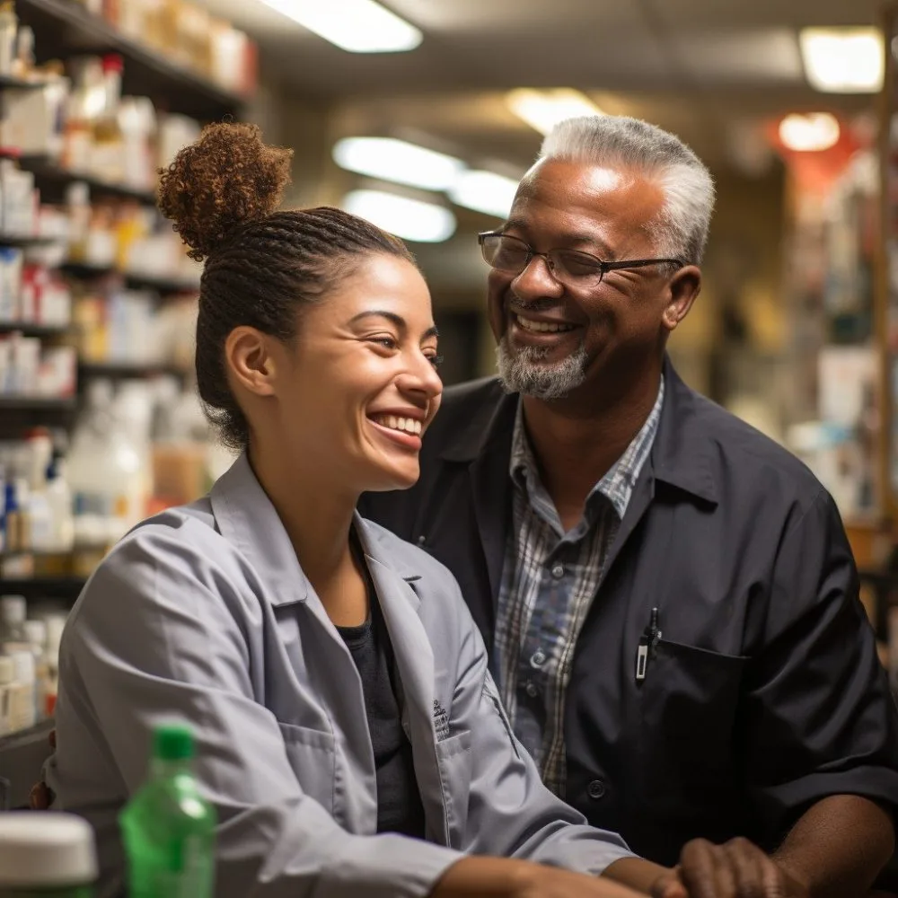 A pharmacist assisting a patient with medical cannabis at Little Five Points Pharmacy in Atlanta - Cannabis News by LeafyLeaks.com, AI Generated image for Leafy Leaks