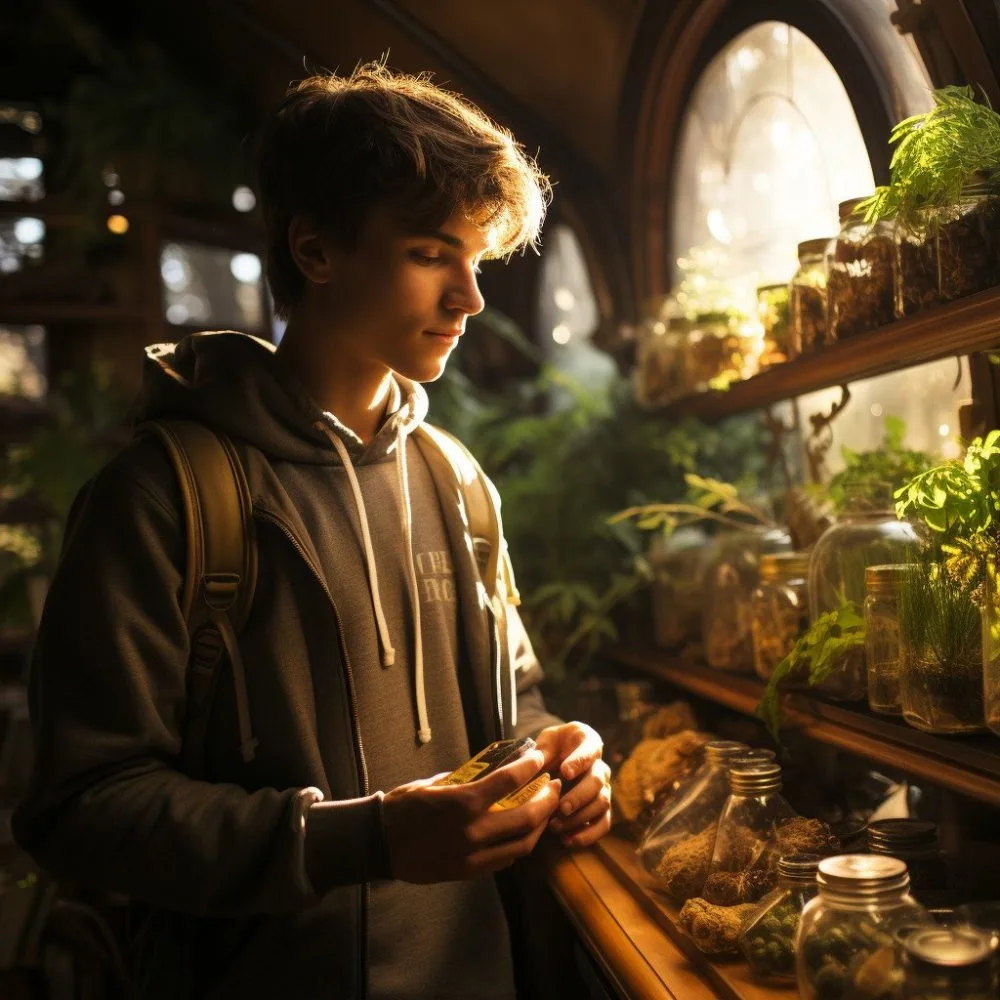 Teenager examining cannabis products in a dispensary - Cannabis News by LeafyLeaks.com, Ai Generated image for Leafy Leaks