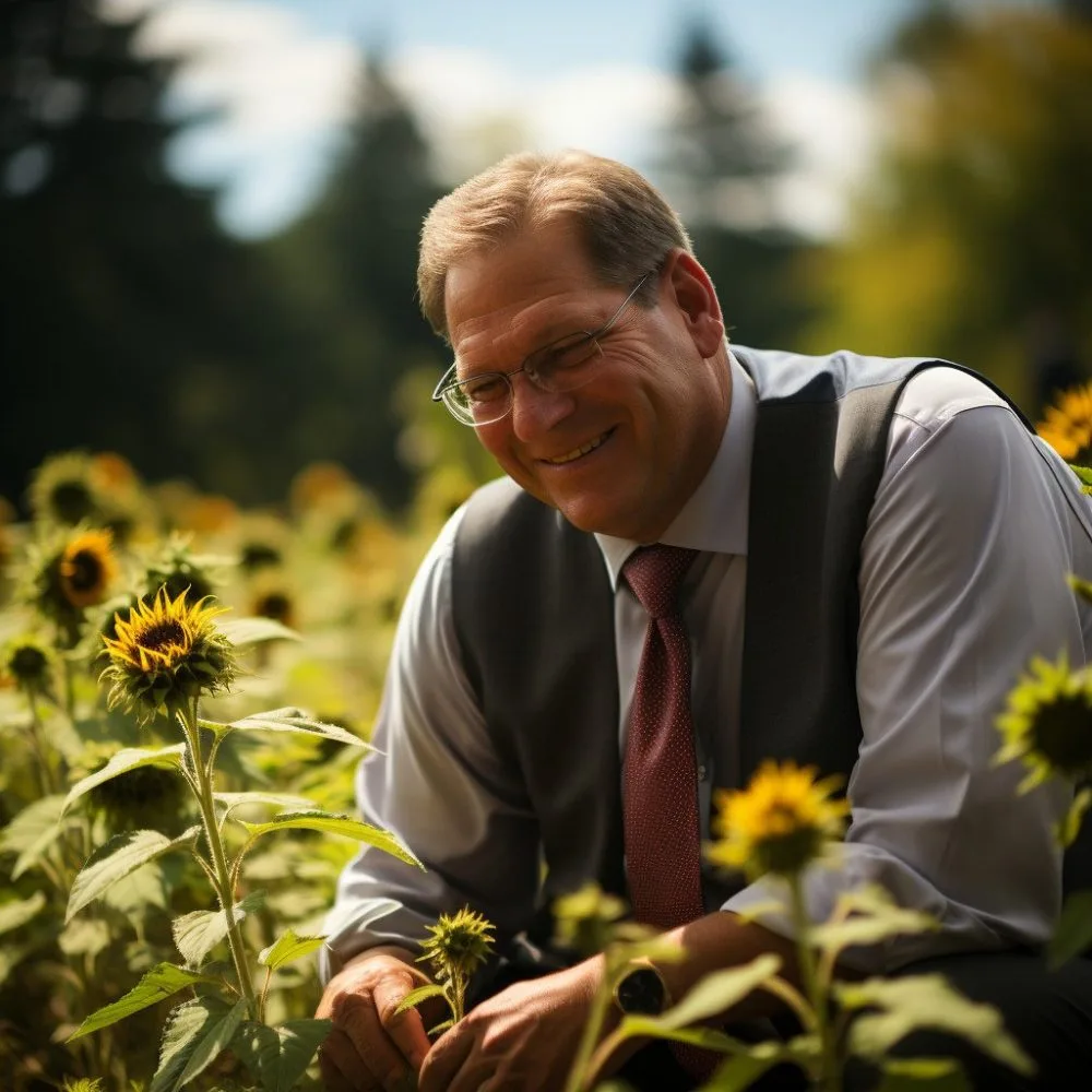 Governor Chris Sununu in a cannabis-related setting with New Hampshire landscape in the background.