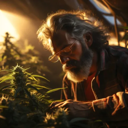 USDA’s Hemp Industry Survey: Tracking Growth and Challenges A cannabis farmer inspecting healthy hemp plants in a sunlit field. Cannabis News by LeafyLeaks.com, Ai Generated image for Leafy Leaks.