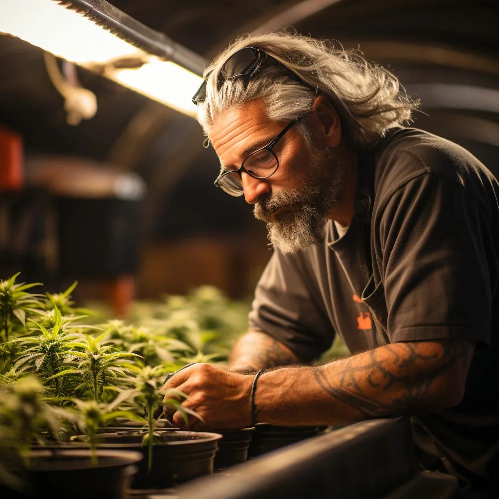 A cannabis farmer inspecting lush hemp plants in a Colorado greenhouse. Cannabis News by LeafyLeaks.com, Ai Generated image for Leafy Leaks.