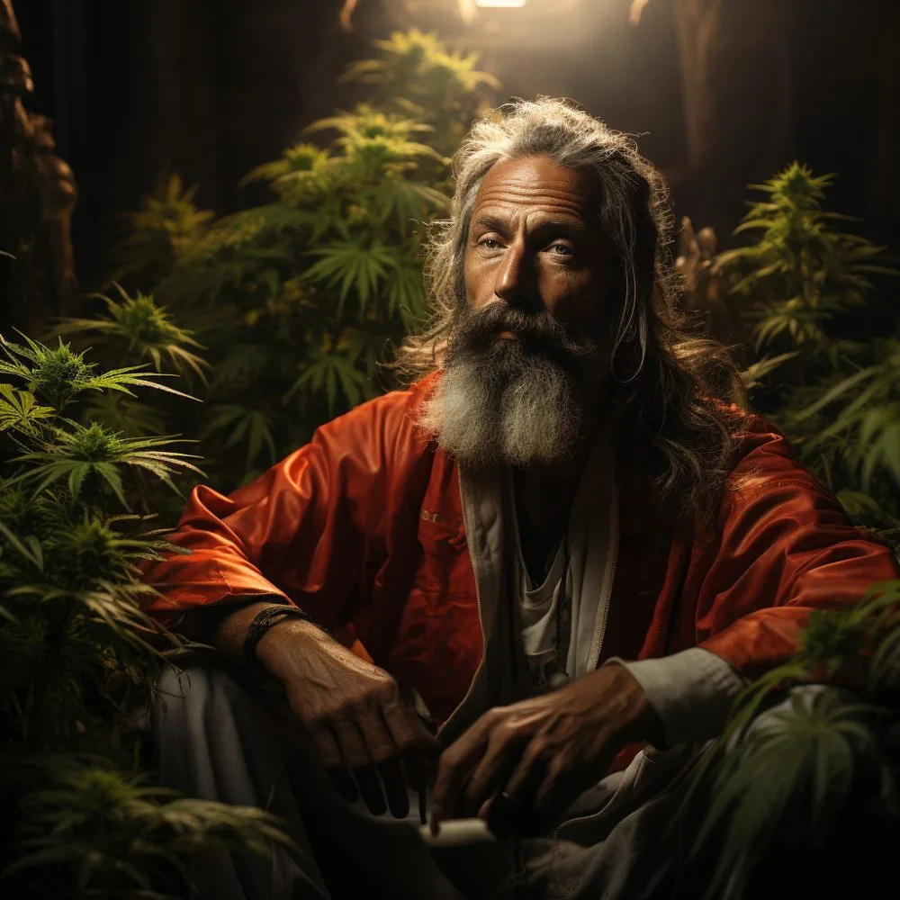 Prominent figure Ashley Guy in Florida's hemp industry surrounded by lush cannabis plants. THC Limits discussed. Cannabis News by LeafyLeaks.com, Ai Generated image for Leafy Leaks.