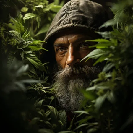 Iowa Considers Expanding Medical Cannabis Program to Include Raw Flower Medical Cannabis Expansion: A person surrounded by cannabis plants, Cannabis News by LeafyLeaks.com, Ai Generated image for Leafy Leaks
