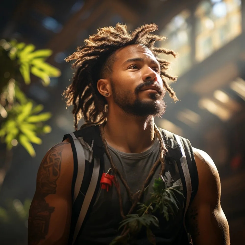A close-up of an athlete holding a cannabis leaf during an outdoor workout.