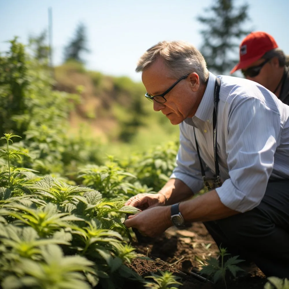 Close-up of Governor Mike DeWine inspecting cannabis plants - Cannabis News by LeafyLeaks.com, Ai Generated image for Leafy Leaks
