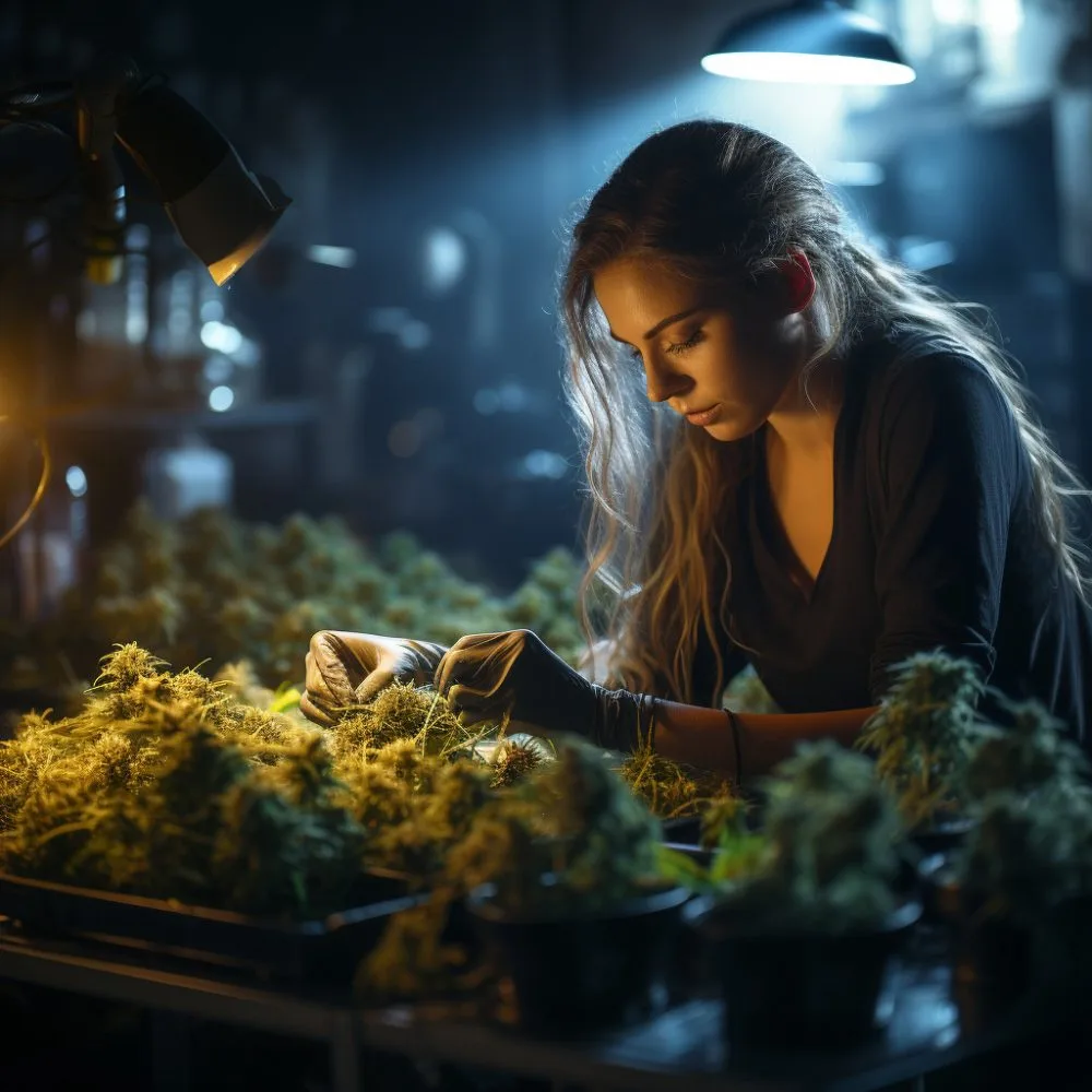 A close-up shot of a CBD extraction lab worker in action, surrounded by hemp plants. Realistic, detailed photography.