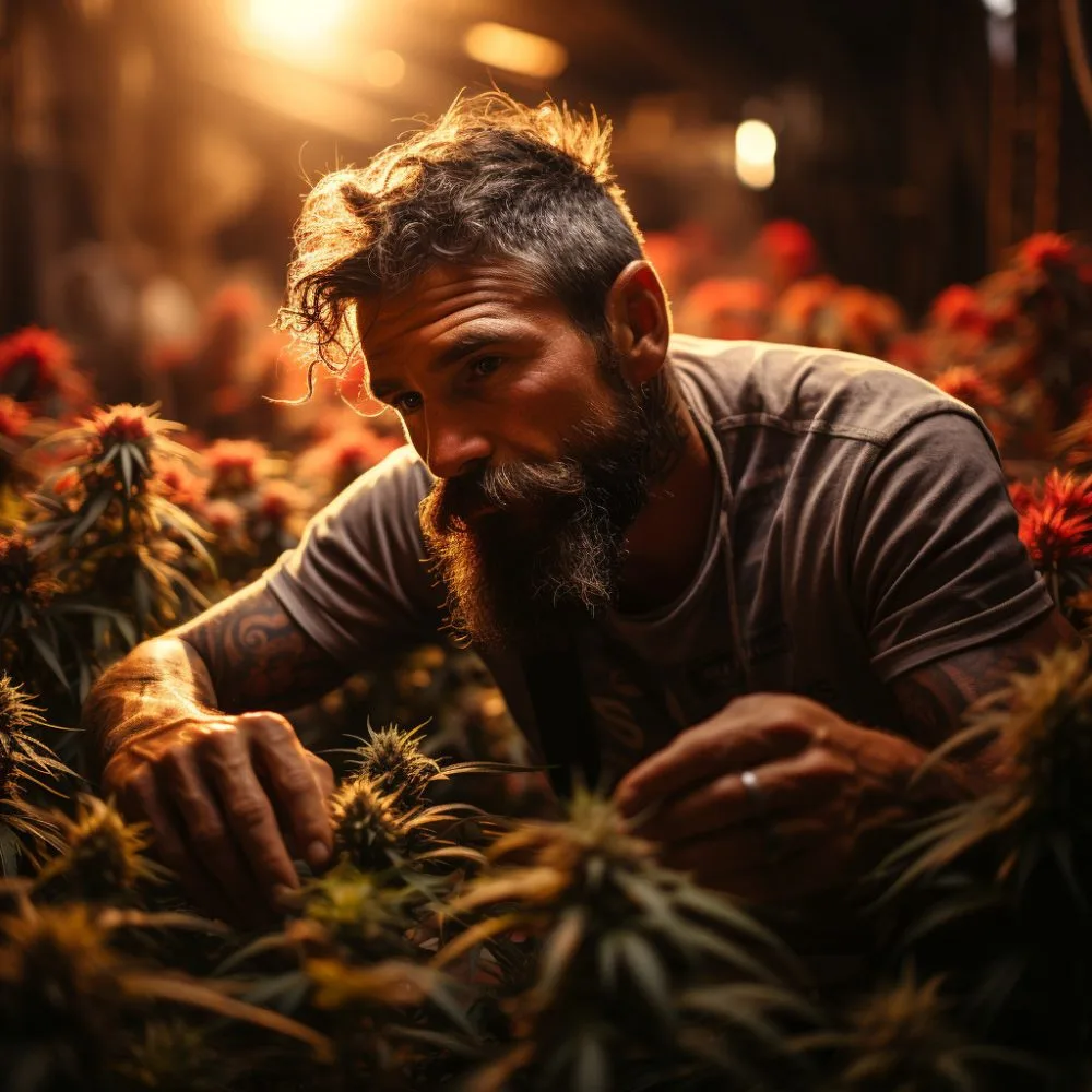 A person surrounded by cannabis plants in Kentucky landscape - Cannabis News by LeafyLeaks.com