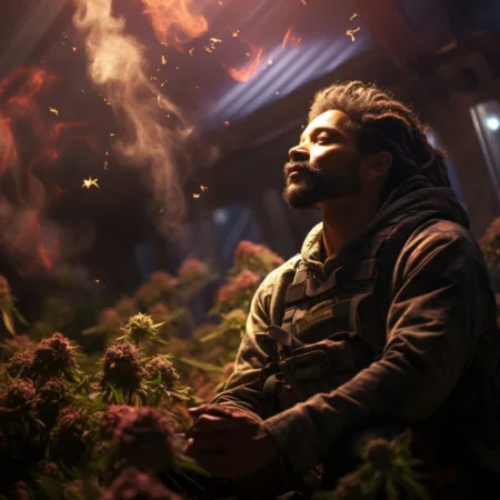 Majority of Military and Veterans Support VA Doctors Recommending Marijuana and Psychedelics A military veteran enjoying a peaceful cannabis moment in a serene garden setting.