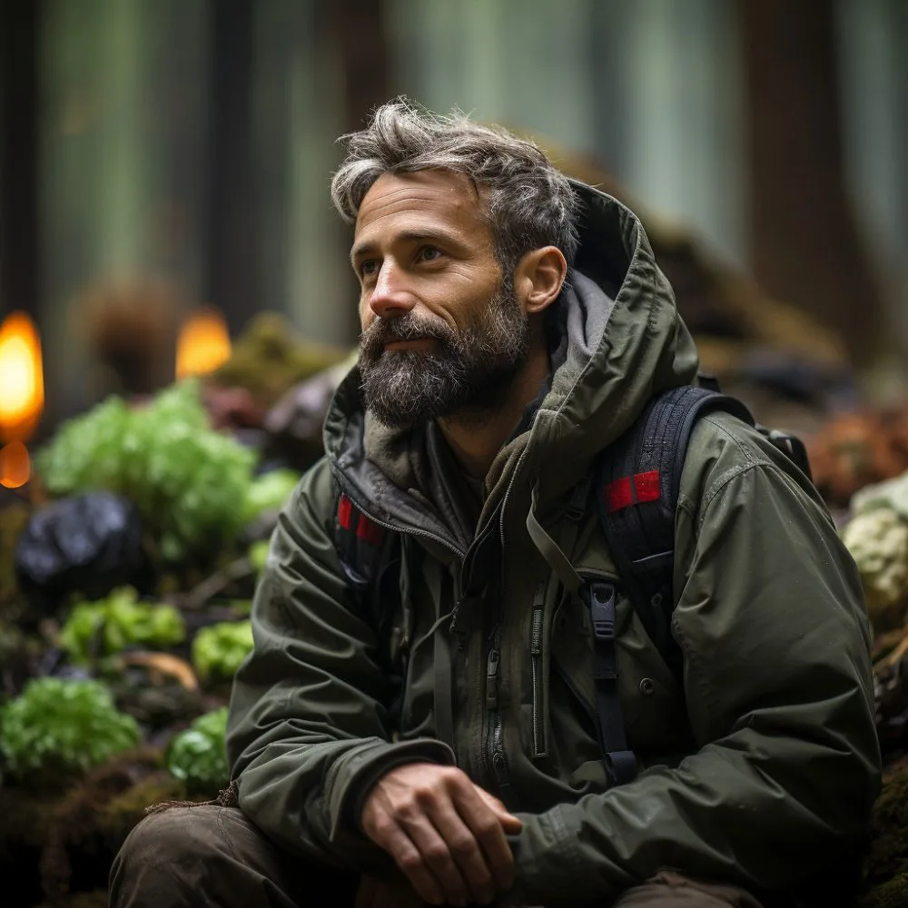 Psilocybin Therapy Legalization - Veteran in a serene forest with magic mushrooms. Cannabis News by LeafyLeaks.com, Ai Generated image for Leafy Leaks.