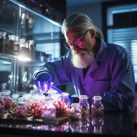 A photo depicting Psilocybin Legalization in Missouri, featuring a scientist researching psychedelics in a laboratory. Cannabis News by LeafyLeaks.com, Ai Generated image for Leafy Leaks.