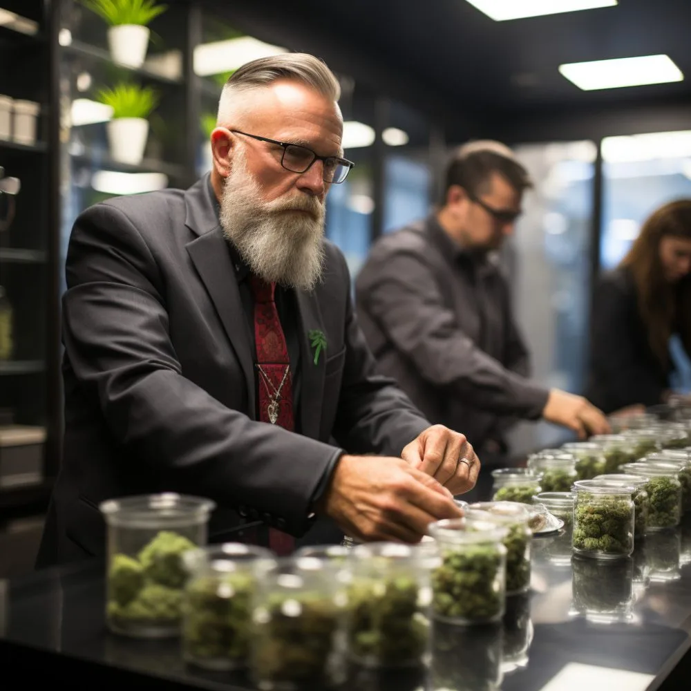 DEA Acting Chief Michael Miller examining cannabis products at a dispensary.