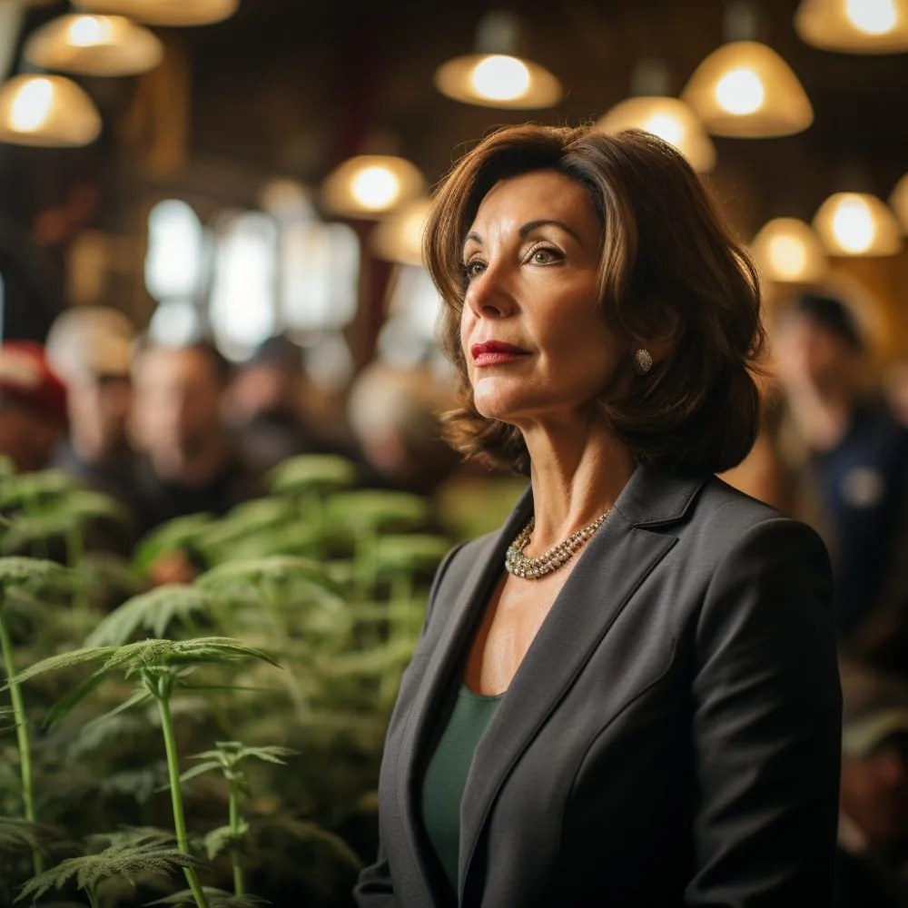 Alt Text: Governor Kathy Hochul discussing Marijuana Retailer Licensing in New York - Cannabis News by LeafyLeaks.com, Ai Generated image for Leafy Leaks