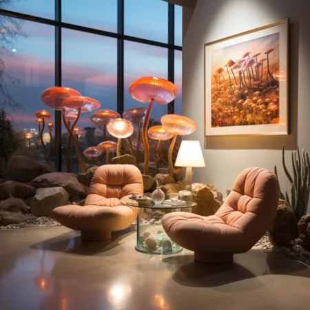 Arizona Lawmakers Introduce Bill to Legalize Psilocybin Service Centers and Fund Psychedelics Research A tranquil Psilocybin Service Center in Arizona, offering therapeutic experiences. Cannabis News by LeafyLeaks.com, Ai Generated image for Leafy Leaks.