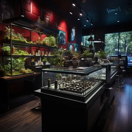 Massachusetts Psychedelics Legalization Initiative Moves Closer to Reality A vibrant cannabis dispensary in Massachusetts, bustling with customers and offering a diverse range of products. Cannabis News by LeafyLeaks.com, Ai Generated image for Leafy Leaks