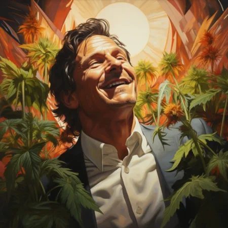Florida's Governor Ron DeSantis among lush cannabis plants in the sun.