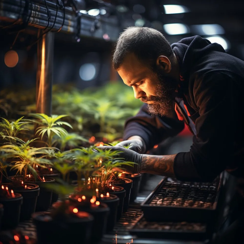 A worker in a Missouri cannabis facility tending to marijuana plants. Marijuana Workers' Compensation in focus. Cannabis News by LeafyLeaks.com, Ai Generated image for Leafy Leaks.