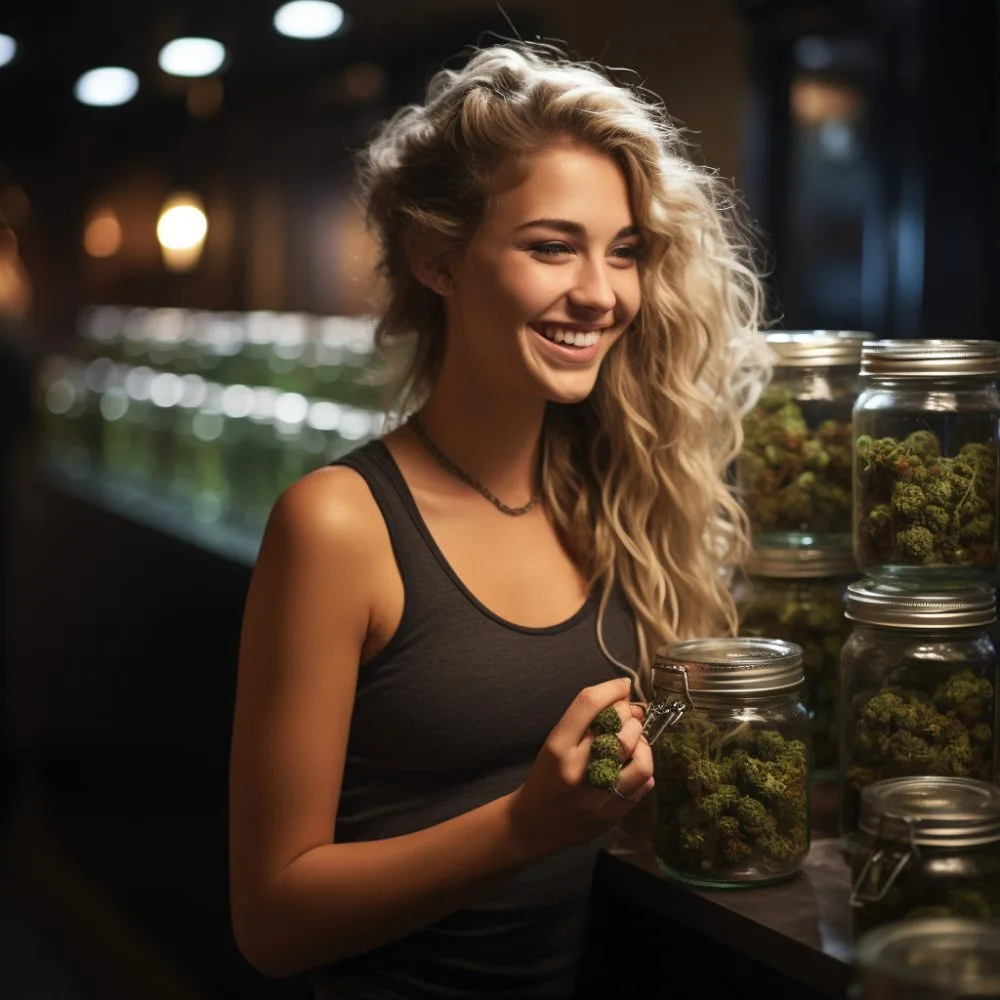 An image of a person enjoying cannabis in a South Dakota dispensary with detailed cannabis products on display.