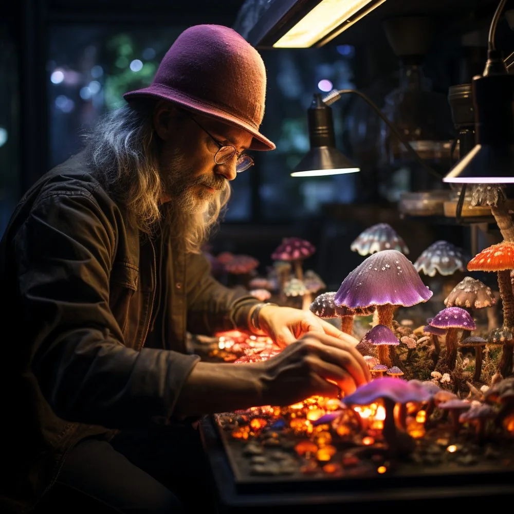 An image of a scientist studying Psilocybin mushrooms for medical research purposes. Cannabis News by LeafyLeaks.com, Ai Generated image for Leafy Leaks.