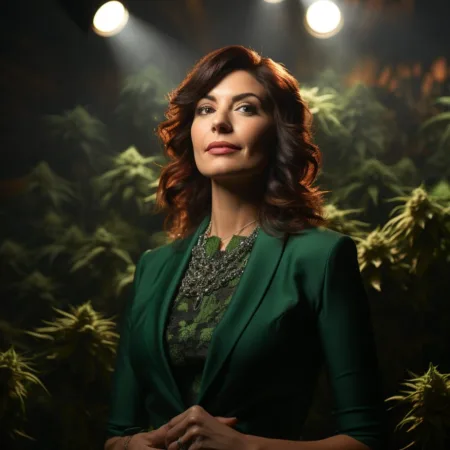 New York’s SMOKEOUT Act Aims to Halt Unlicensed Marijuana Businesses Explore Governor Kathy Hochul in a cannabis-themed setting. Ai Generated image for LeafyLeaks.com.