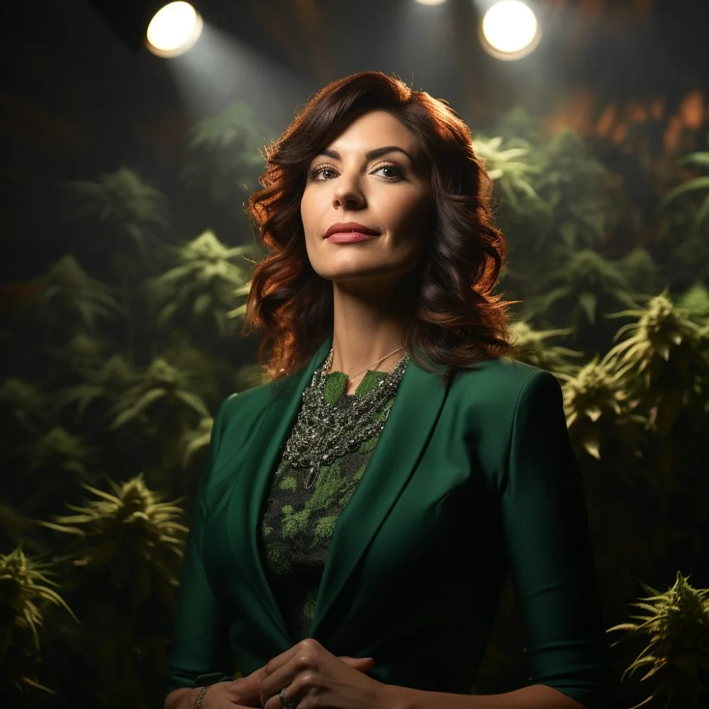Explore Governor Kathy Hochul in a cannabis-themed setting. Ai Generated image for LeafyLeaks.com.