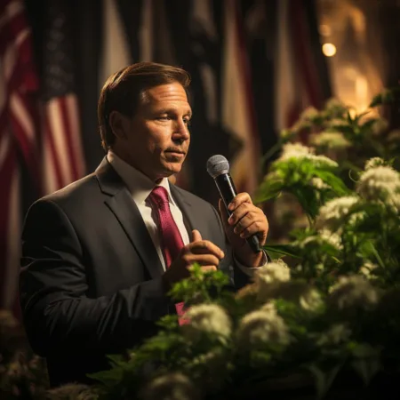 Governor Ron DeSantis discussing Marijuana Legalization Views at a public event - Cannabis News by LeafyLeaks.com, Ai Generated image for Leafy Leaks.