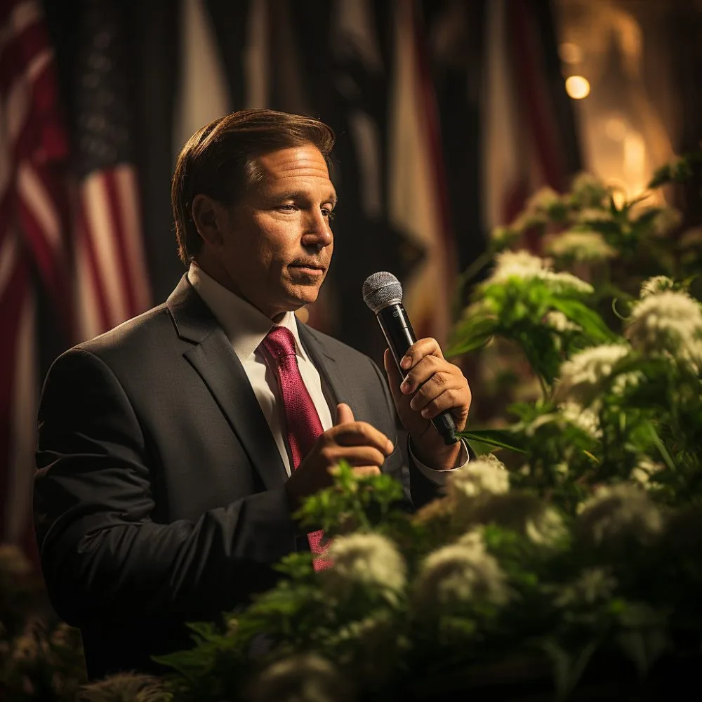Governor Ron DeSantis discussing Marijuana Legalization Views at a public event - Cannabis News by LeafyLeaks.com, Ai Generated image for Leafy Leaks.
