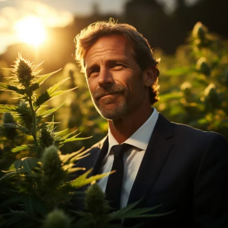 Governor Andy Beshear in a Kentucky cannabis field at sunset.