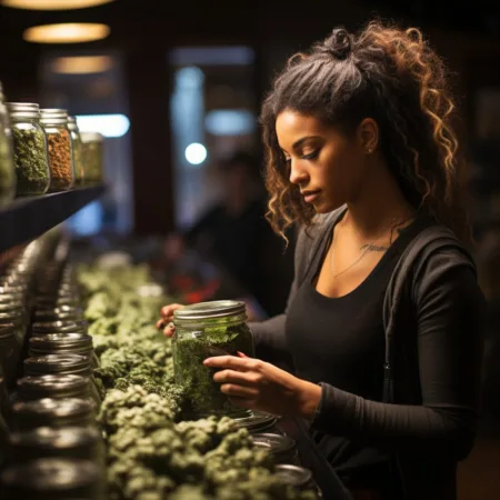 Cannabis Legal Sales - A person examining cannabis products in a dispensary. Cannabis News by LeafyLeaks.com, Ai Generated image for Leafy Leaks.
