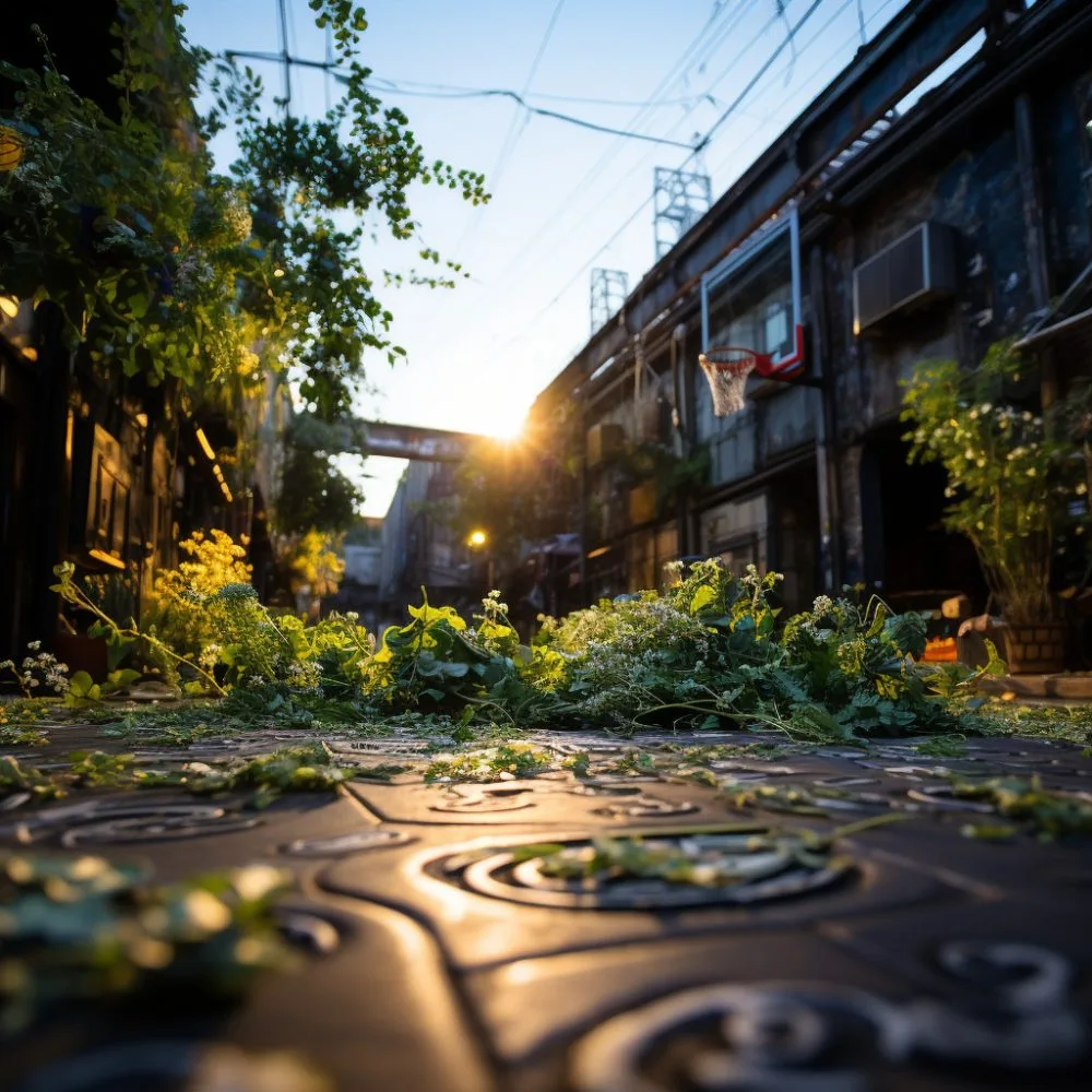 Brooklyn basketball court surrounded by hemp plants, symbolizing CBD Partnerships in sports. Cannabis News by LeafyLeaks.com, Ai Generated image for Leafy Leaks.