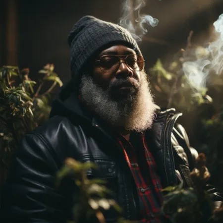 "Killer Mike leading a Black-Led Marijuana farm discussion, Cannabis News by LeafyLeaks.com, Ai Generated image for Leafy Leaks"