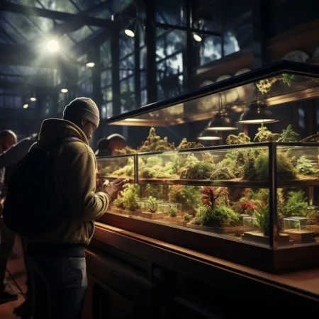 Multiple States Across The Country See Record-Breaking Marijuana Sales To Close Out 2023 A busy cannabis dispensary with customers browsing products - Cannabis News by LeafyLeaks.com, Ai Generated image for Leafy Leaks