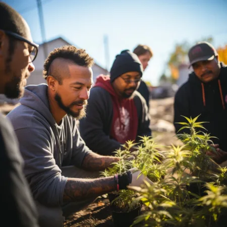 Workers discussing unionization outside a cannabis cultivation facility in St. Louis. Marijuana Company Unionize Federal. Cannabis News by LeafyLeaks.com, Ai Generated image for Leafy Leaks.