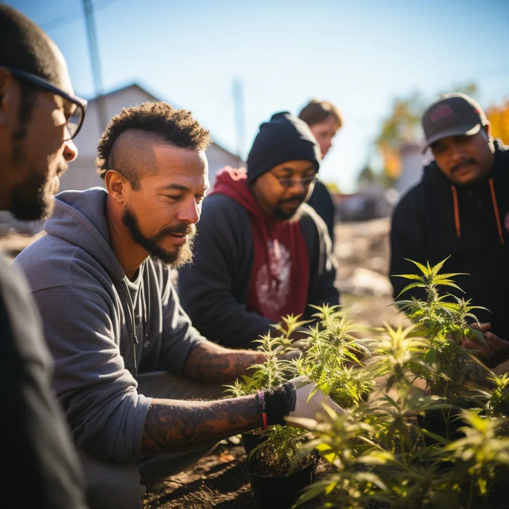 Workers discussing unionization outside a cannabis cultivation facility in St. Louis. Marijuana Company Unionize Federal. Cannabis News by LeafyLeaks.com, Ai Generated image for Leafy Leaks.