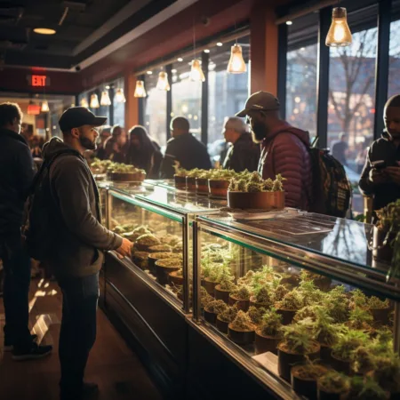 A bustling cannabis dispensary in Massachusetts, showcasing the booming Marijuana Sales.