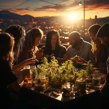 Group of diverse individuals discussing Tax Revenue Allocation. Cannabis News by LeafyLeaks.com, Ai Generated image for Leafy Leaks