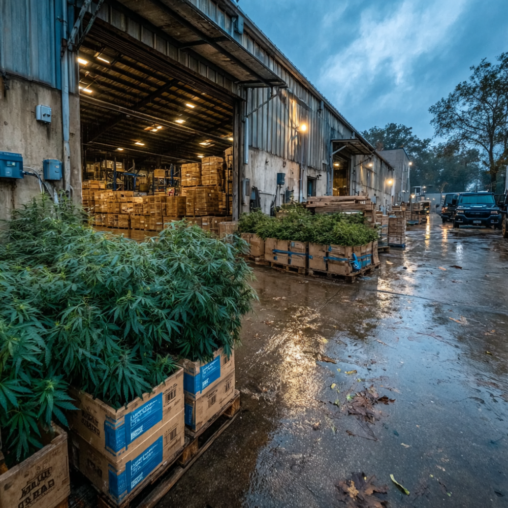 Hemp plants in crates outside a Texas warehouse during the Waller Texas Seizure, showing legal hemp storage conditions under the 2018 Farm Bill.