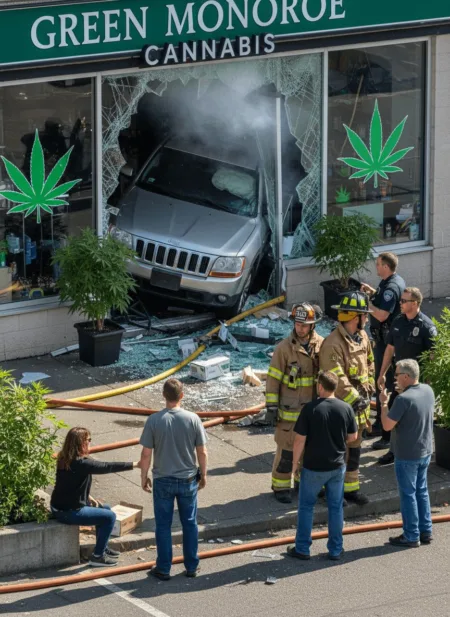 Shocking Monroe cannabis store robbery—see how a stolen Jeep crashed into the shop and sparked a fire. What really happened during the daring heist?